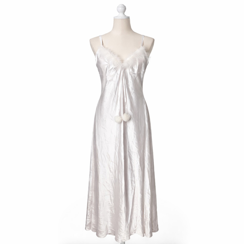 Vintage Inspired Ivory Satin Nightgown Fur Trim Rabbit PomPom Coquette Bridal